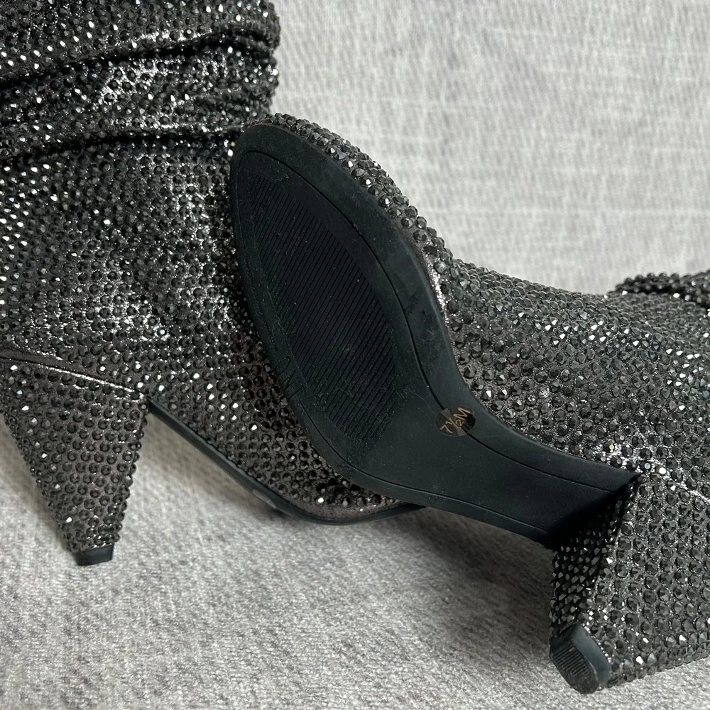 INC Gerii Pewter‎ Rhinestone Sparkly Slouch Boots Women's Knee High Block Heel